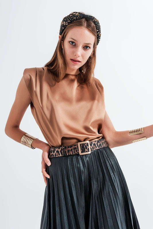 Gathered satin shoulder pad sleeveless top in gold | Just Cool Beans — shirts | tops