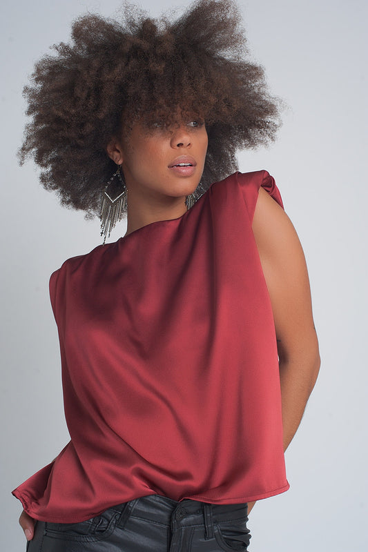 Gathered satin shoulder pad sleeveless top in red | Just Cool Beans — tops