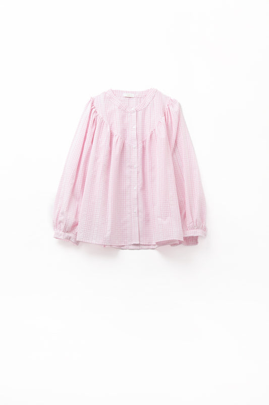 Gingham pale pink collarless blouse with wide sleeves | Just Cool Beans — shirts | tops