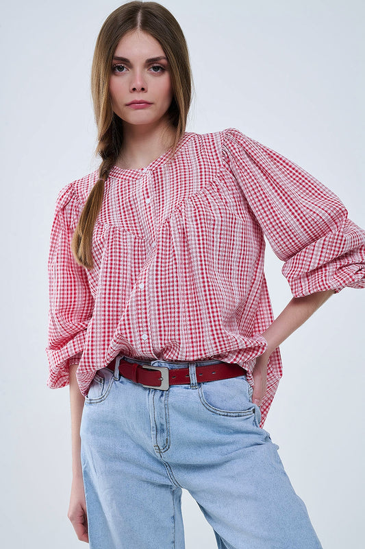 Gingham red and white collarless blouse with wide sleeves | Just Cool Beans — shirts | tops