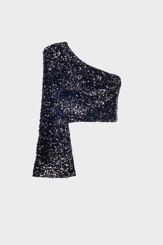 Glitter sequins top with one shoulder in black | Just Cool Beans — shirts | tops