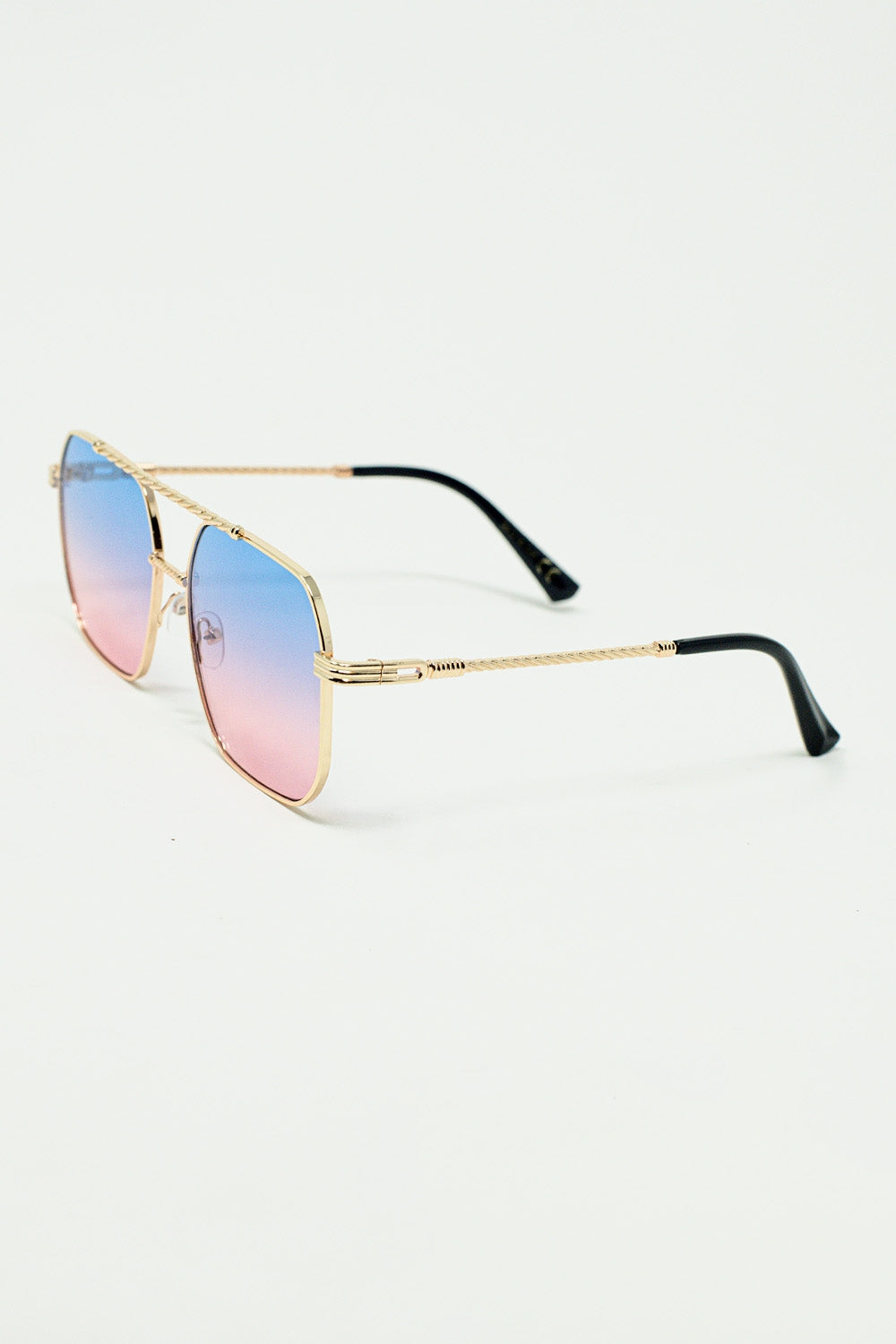 Gold square frame sunglasses in ombre light blue with pink | Just Cool Beans