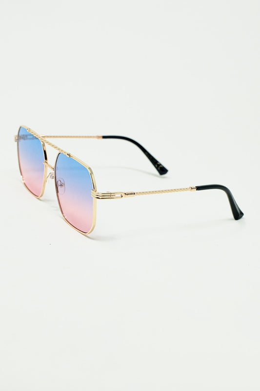 Gold square frame sunglasses in ombre light blue with pink | Just Cool Beans