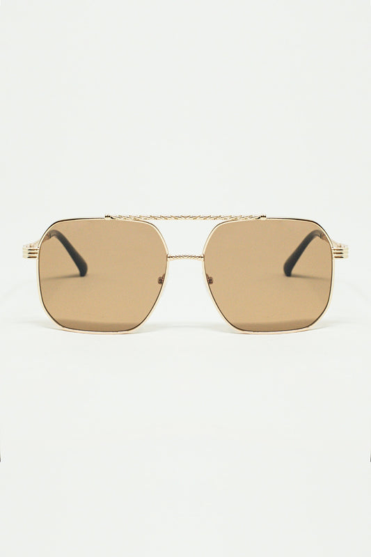 Q2 gold square frame sunglasses with brown lenses