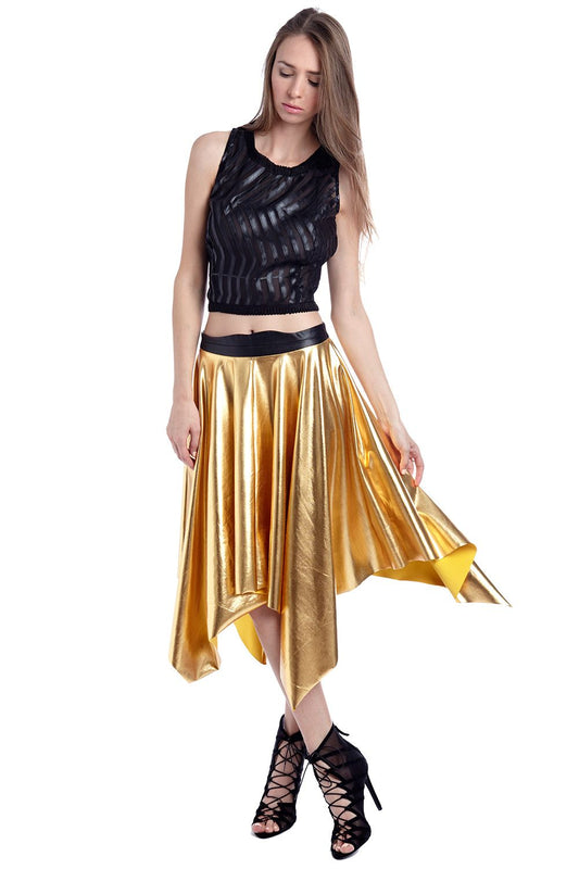 Golden pleated midi skirt in metallic | Just Cool Beans — skirts