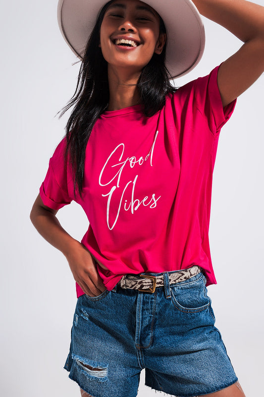 Good vibes slogan tee in fuchsia | Just Cool Beans — tops