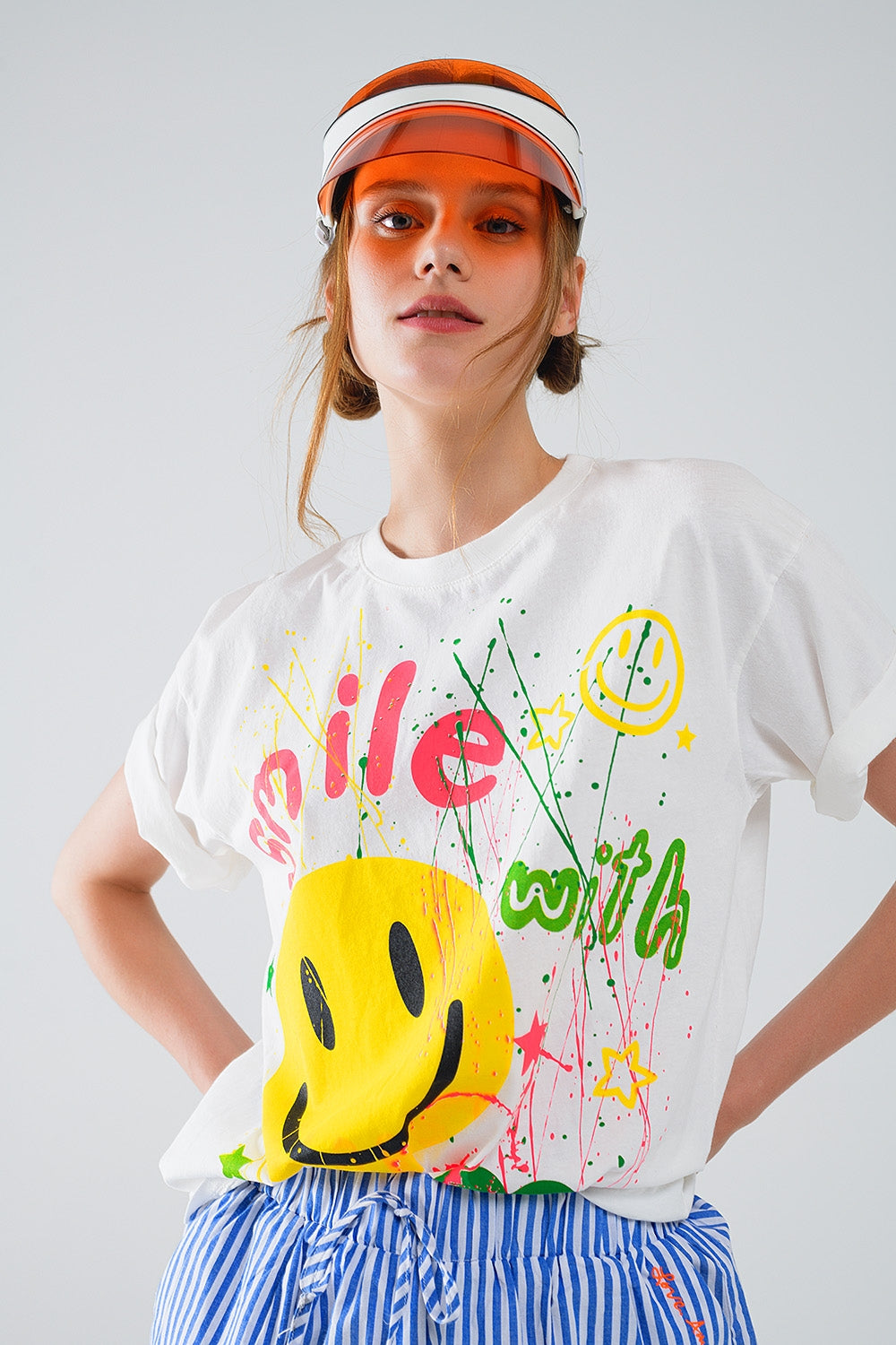 Graphic smile with me text t-shirt in white | Just Cool Beans — tops