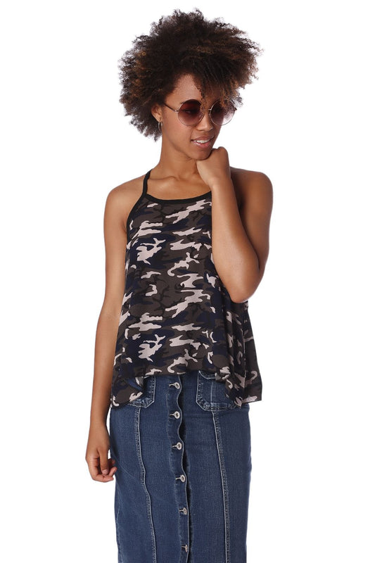 Gray camo print dip hem top | Just Cool Beans — shirts | tops