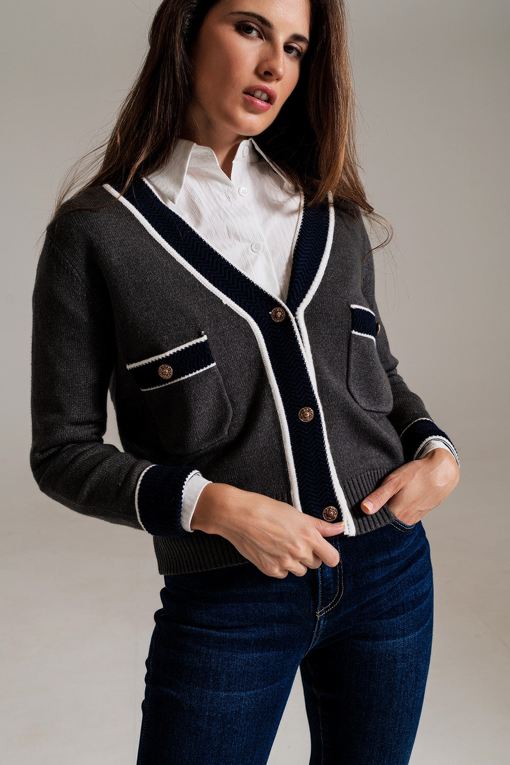 Gray cardigan with pockets and channel style | Just Cool Beans — sweaters | tops