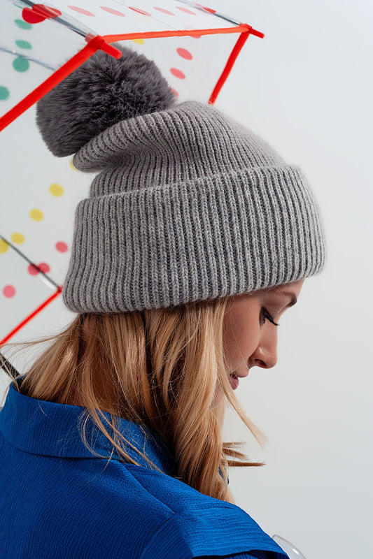 Gray knitted hat with pompom | Just Cool Beans — nan | sweaters and jumpers