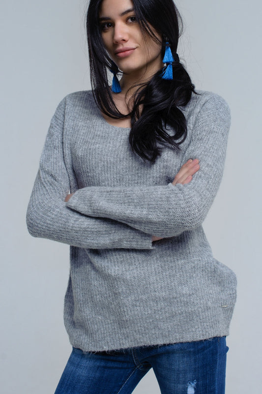 Gray knitted sweater with tie-back closure | Just Cool Beans — sweaters | tops