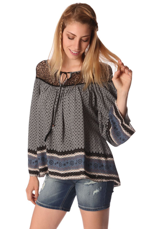 Gray paisley print blouse with cage detail | Just Cool Beans — shirts | tops