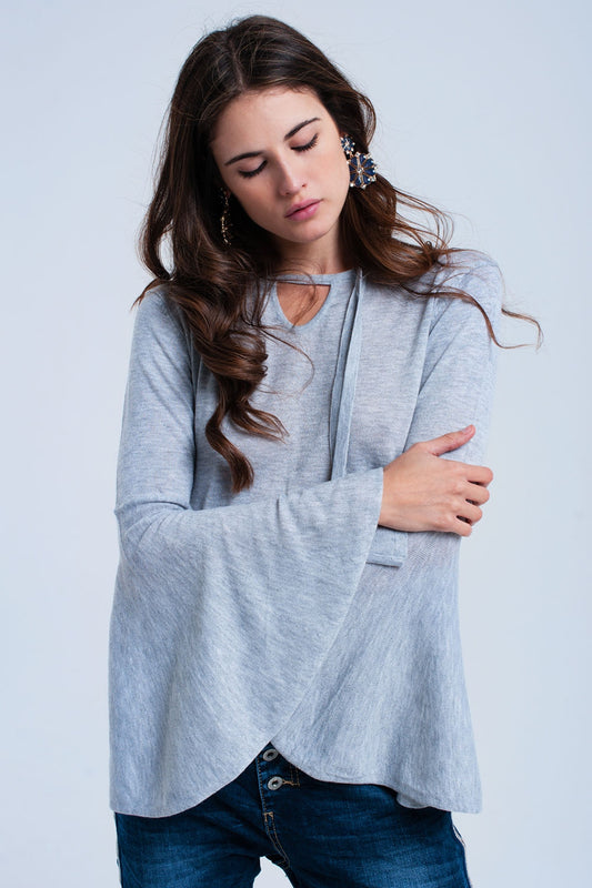 Gray sweater with bell sleeves | Just Cool Beans — sweaters | tops