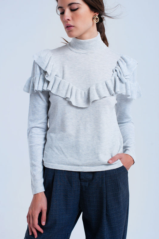Gray sweater with ruffle | Just Cool Beans — sweaters | tops