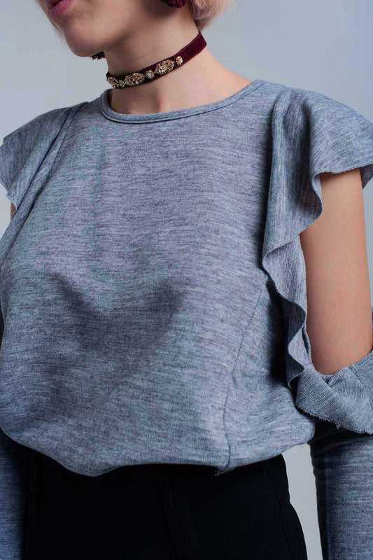 Gray top with ruffle and open detail | Just Cool Beans — shirts | tops