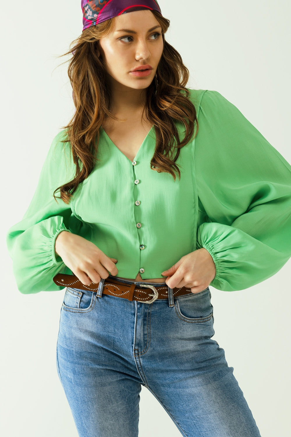 Green blouse with balloon sleeves and frontal closure with buttons | Just Cool Beans — shirts | tops
