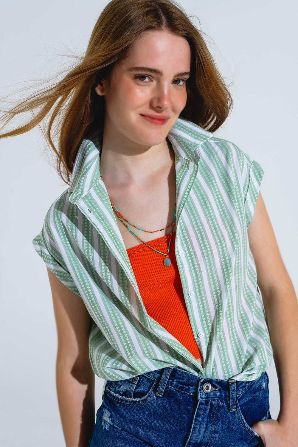 Green blouse with vertical stripes and short sleeves | Just Cool Beans — shirts | bottoms