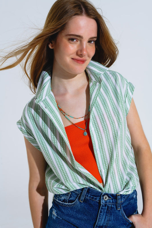 Green blouse with vertical stripes and short sleeves | Just Cool Beans — shirts | bottoms