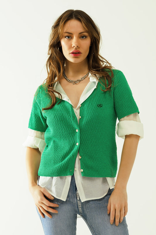 Green cardigan with short sleeves and front closure with button | Just Cool Beans — sweaters | bottoms