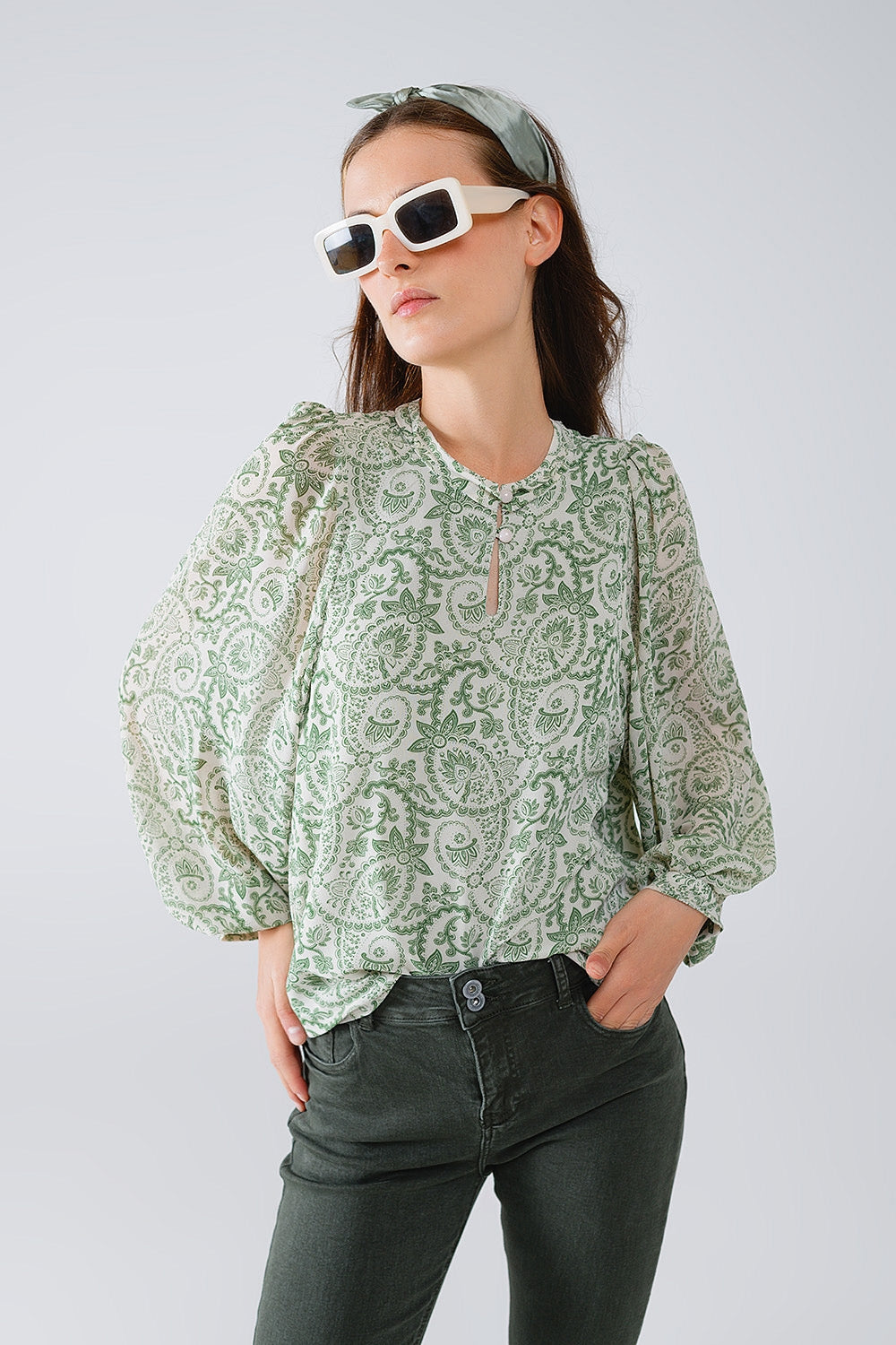 Green chiffon blouse with floral print and long balloon sleeves | Just Cool Beans — shirts | tops