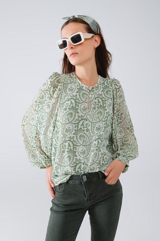 Green chiffon blouse with floral print and long balloon sleeves | Just Cool Beans — shirts | tops