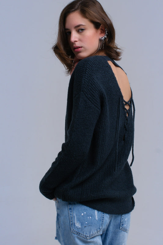 Green knitted sweater with tie-back closure | Just Cool Beans — sweaters | tops