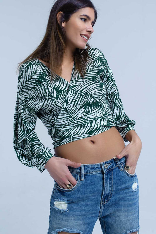 Green leaf print blouse with plunge neck | Just Cool Beans — shirts | tops
