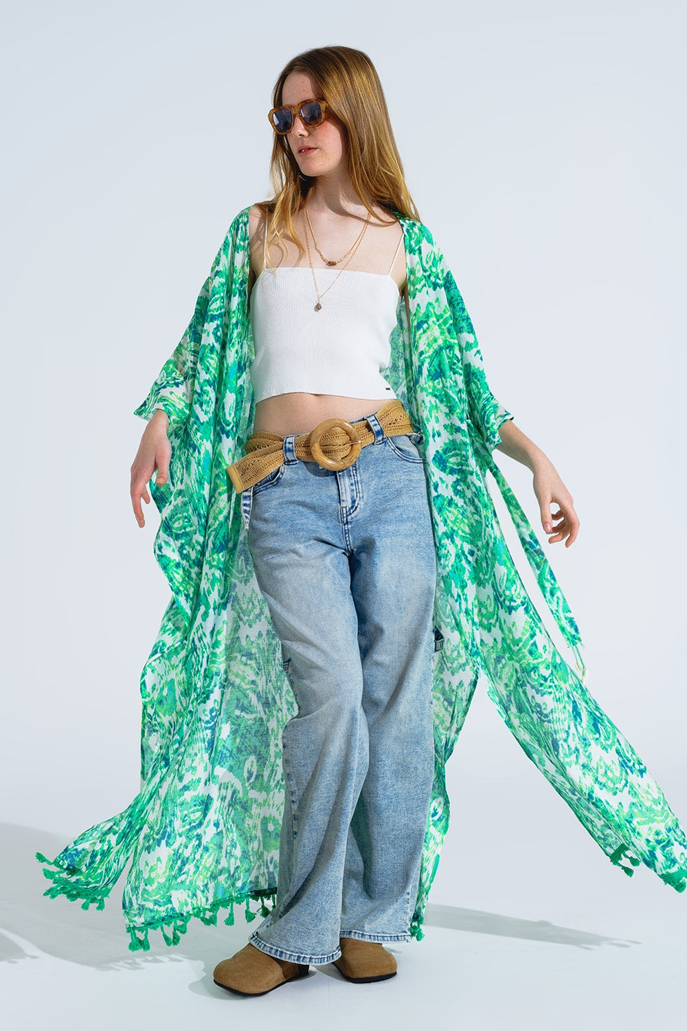 Green long kimono with drawstring closing in tribal print | Just Cool Beans — dresses