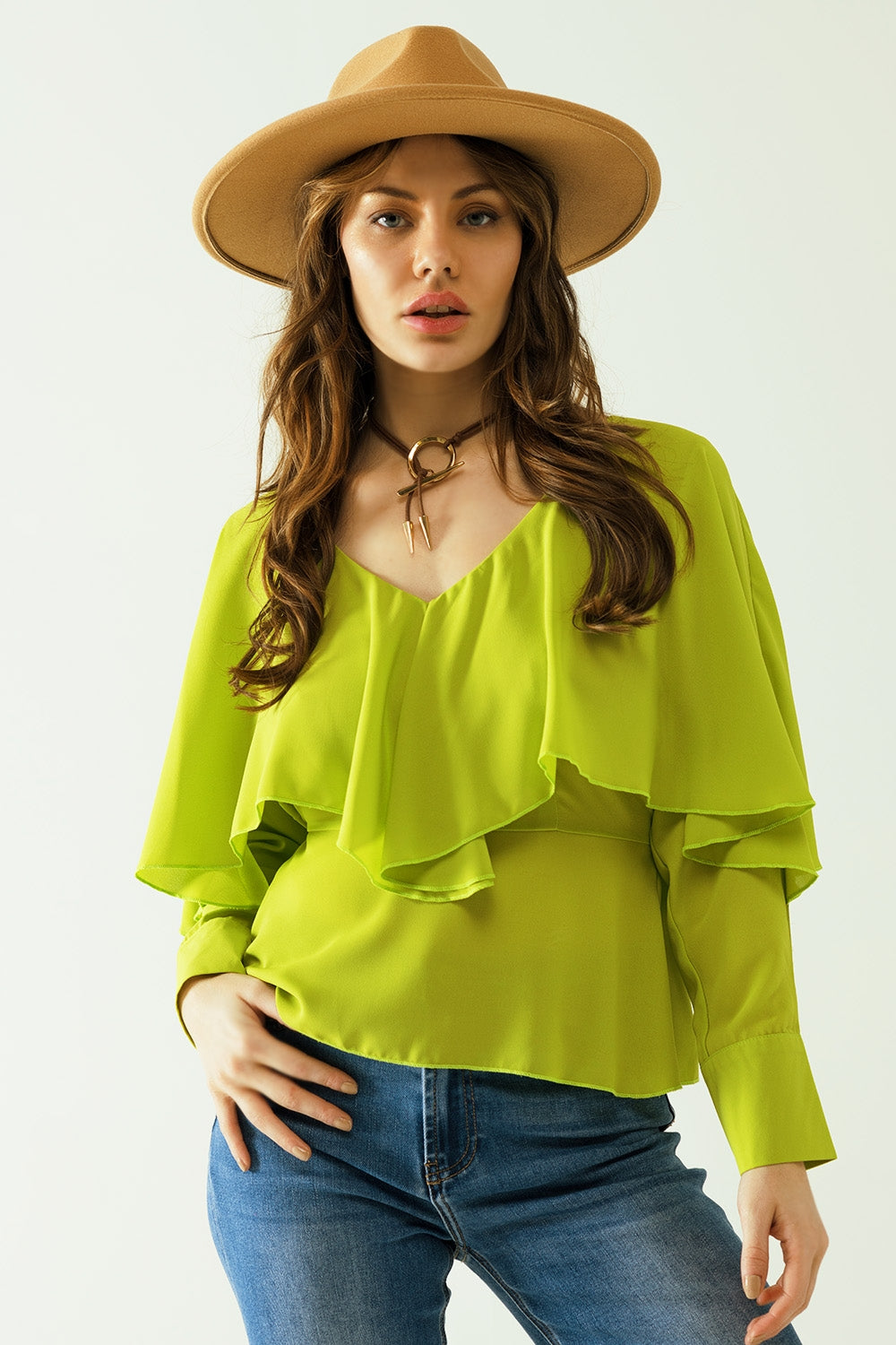 Green long sleeve top with a ruffle detail and bare back | Just Cool Beans — tops