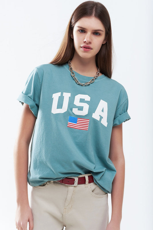 Green loose long t-shirt with usa logo | Just Cool Beans — tops