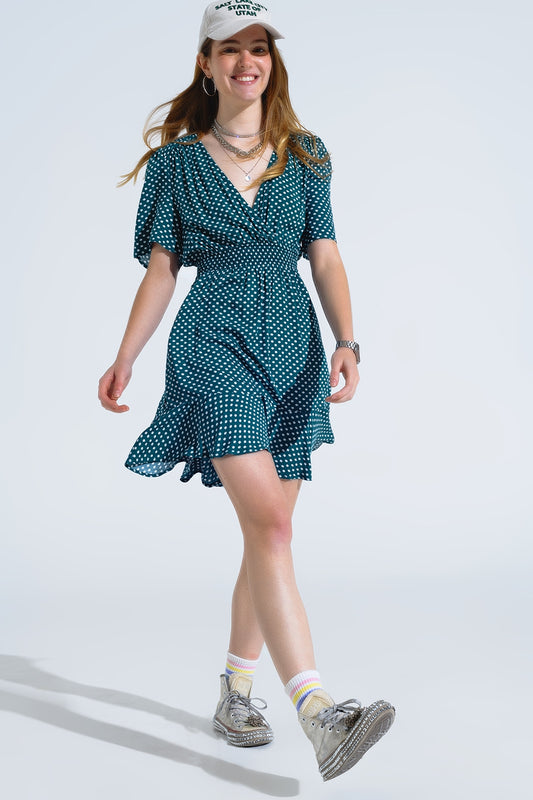 Green mini dress with wrap front cinched waist and floral print | Just Cool Beans — dresses