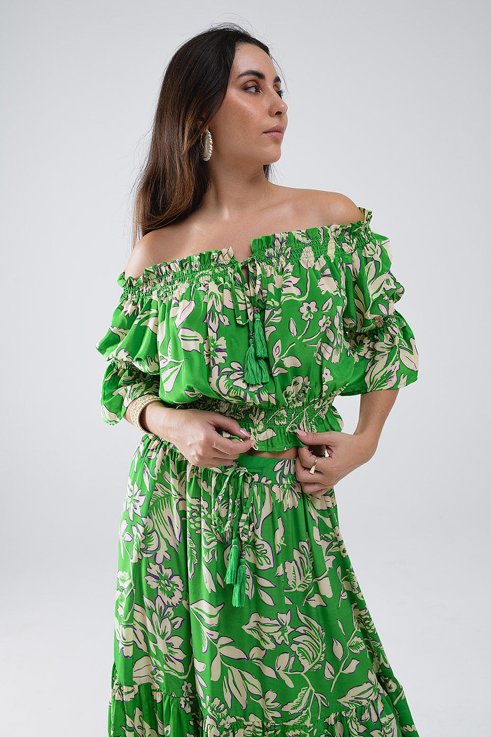 Green off the shoulder top with elastic waist in floral print | Just Cool Beans — shirts | tops