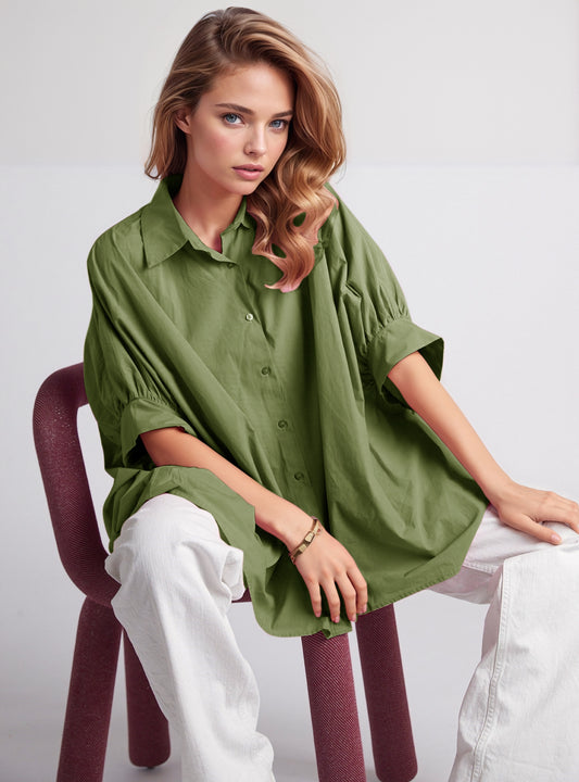 Green oversized blouse with short sleeve | Just Cool Beans — shirts | bottoms