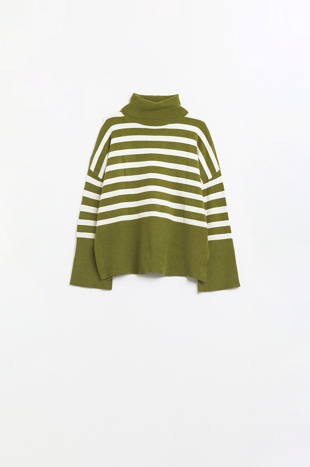 Green oversized trutleneck sweater with white stripes and splits on the side | Just Cool Beans — sweaters | tops