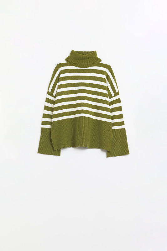 Green oversized trutleneck sweater with white stripes and splits on the side | Just Cool Beans — sweaters | tops