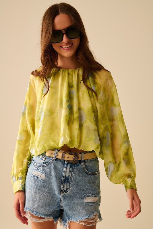 Green printed chiffon blouse with balloon sleeves | Just Cool Beans — shirts | tops