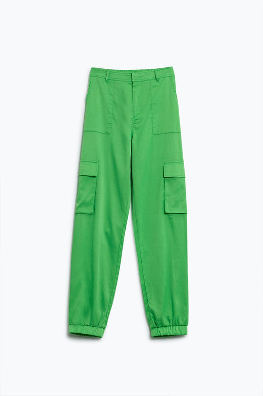 Green satin pants with side pockets and belt hoops | Just Cool Beans — pants | bottoms