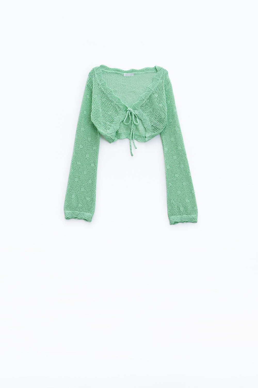 Green short crochet cardigan with lurex detail | Just Cool Beans — sweaters | bottoms