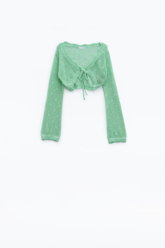 Green short crochet cardigan with lurex detail | Just Cool Beans — sweaters | bottoms