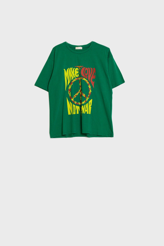 Green short sleeve t-shirt with make love not war logo | Just Cool Beans — tops | bottoms
