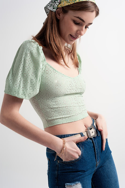 Green short top in batiste fabric with puffed sleeves | Just Cool Beans — shirts | bottoms