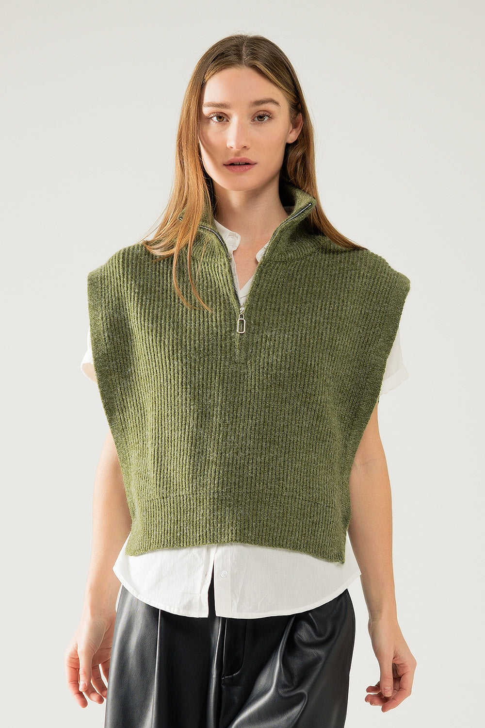 Green sleeveless turtleneck sweater with zipper closure | Just Cool Beans — sweaters | tops