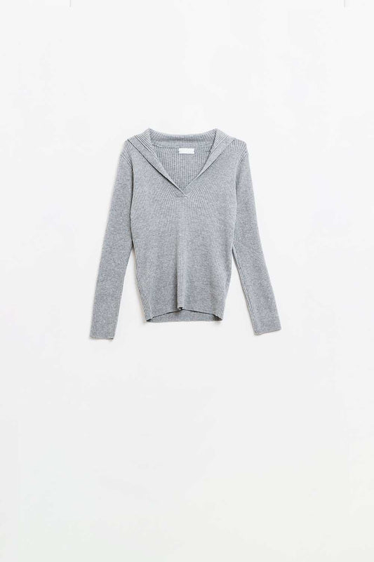 Grey collared rib top with long sleeves | Just Cool Beans — sweaters | tops
