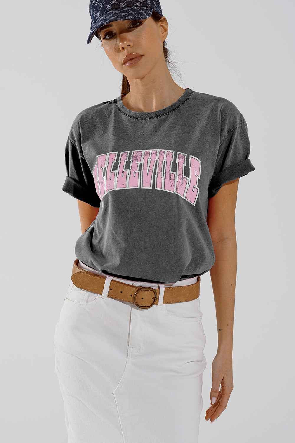 Grey crew neck t-shirt with belleville text | Just Cool Beans — tops