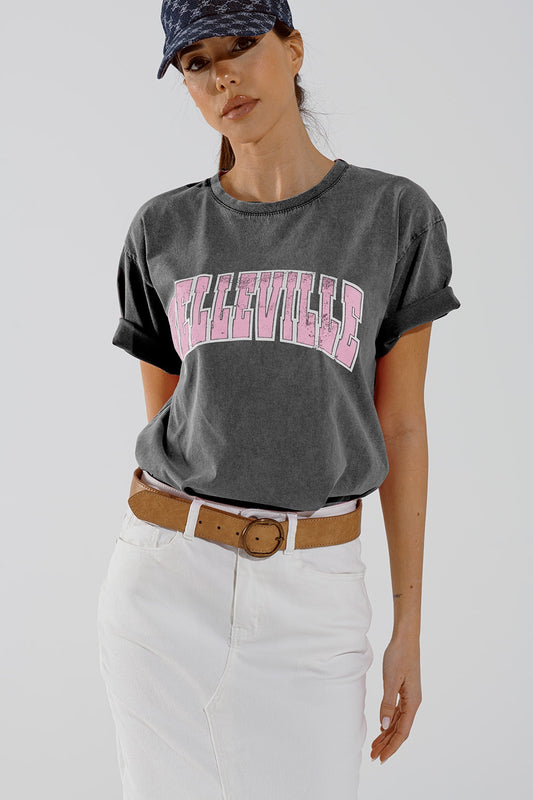 Grey crew neck t-shirt with belleville text | Just Cool Beans — tops