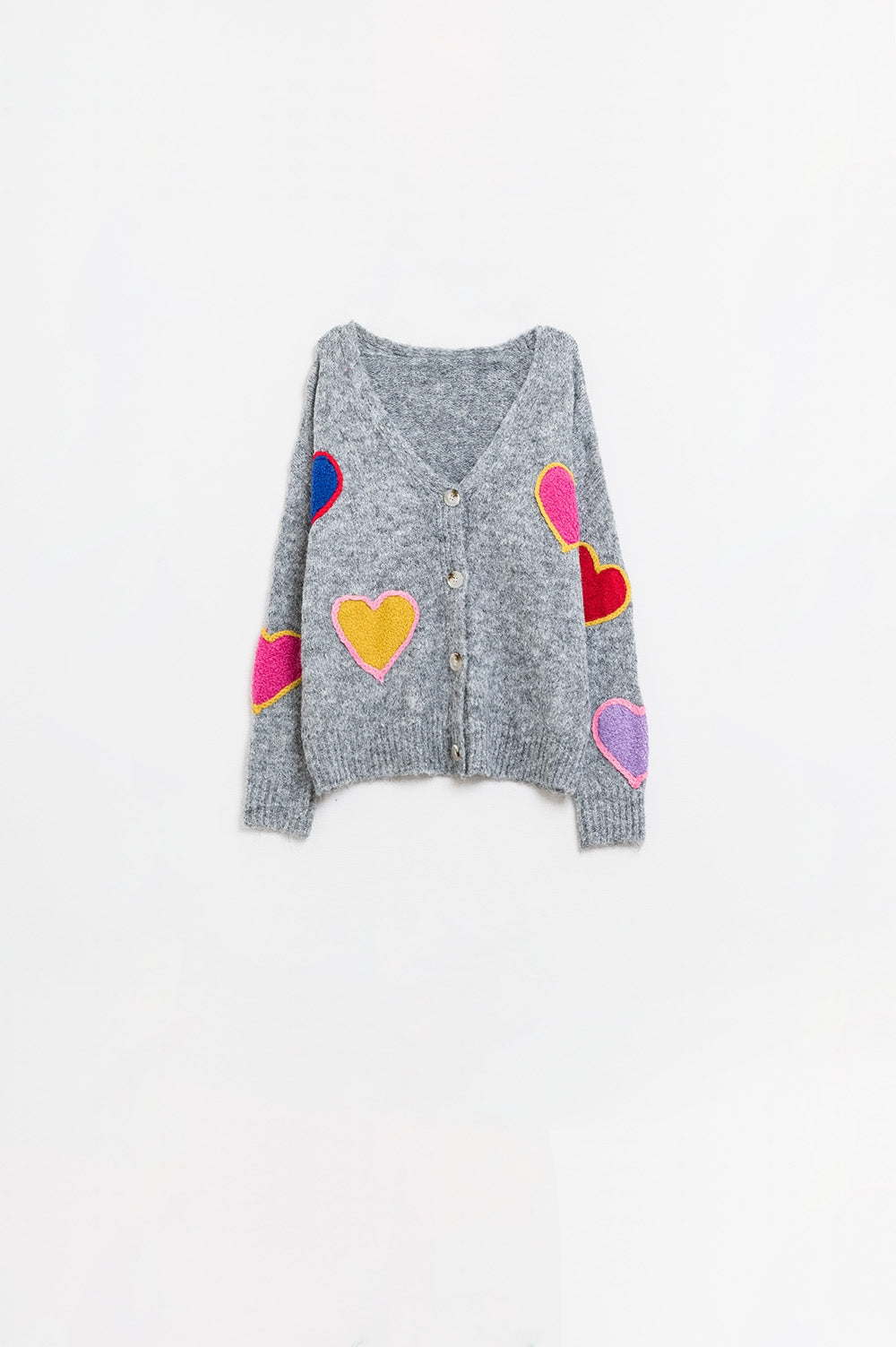 Grey knitted cardigan with embroidered hearts | Just Cool Beans — sweaters | tops