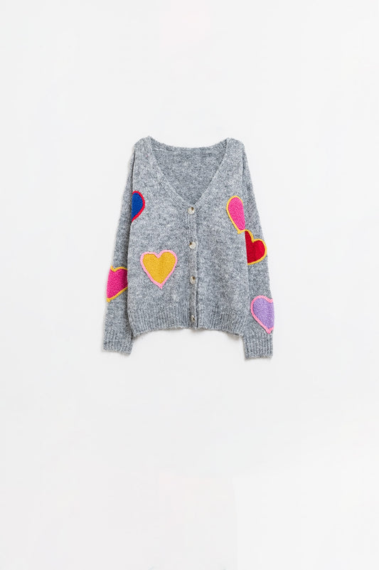 Grey knitted cardigan with embroidered hearts | Just Cool Beans — sweaters | tops