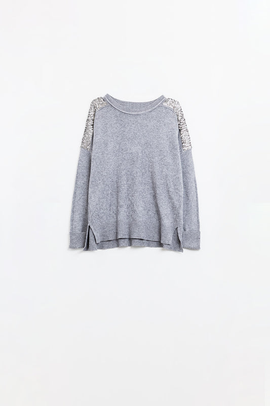 Grey long sleeves sweater with sequins on the shoulders | Just Cool Beans — sweaters | tops