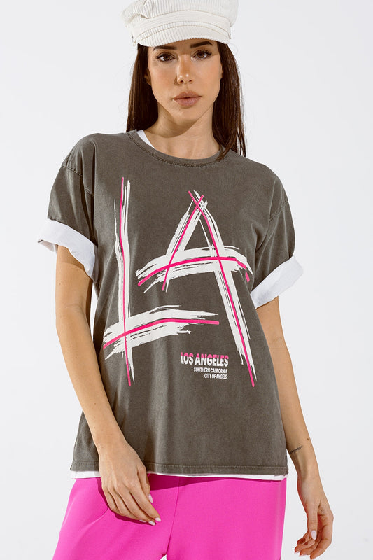 Grey oversize t-shirt prints la los angeles in pink and white | Just Cool Beans — tops