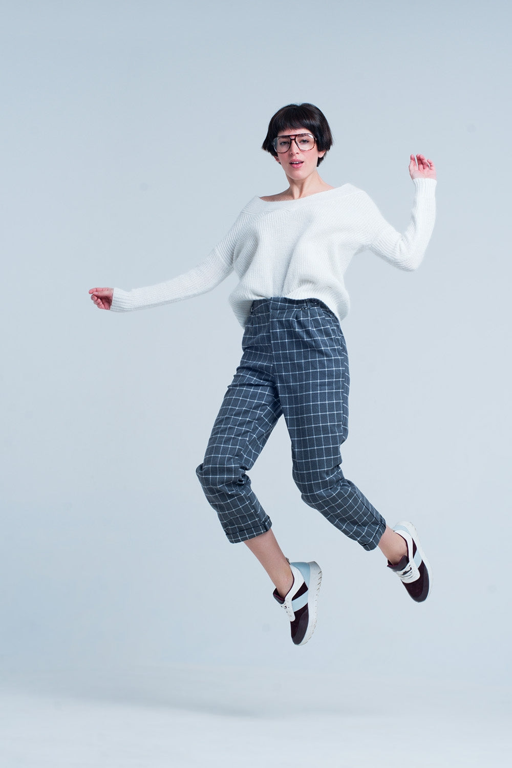 Grey pants in white check print | Just Cool Beans — pants | bottoms